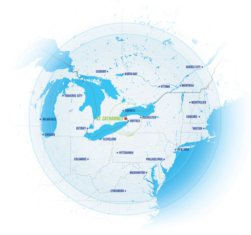 A map showing Canadian and U.S. cities within 800 kilometres from St. Catharines